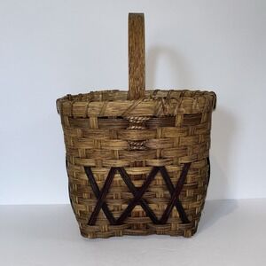 Vintage‎ Splint Basket Handmade Wood Handle 2001 Signed Wine Holder Gathering
